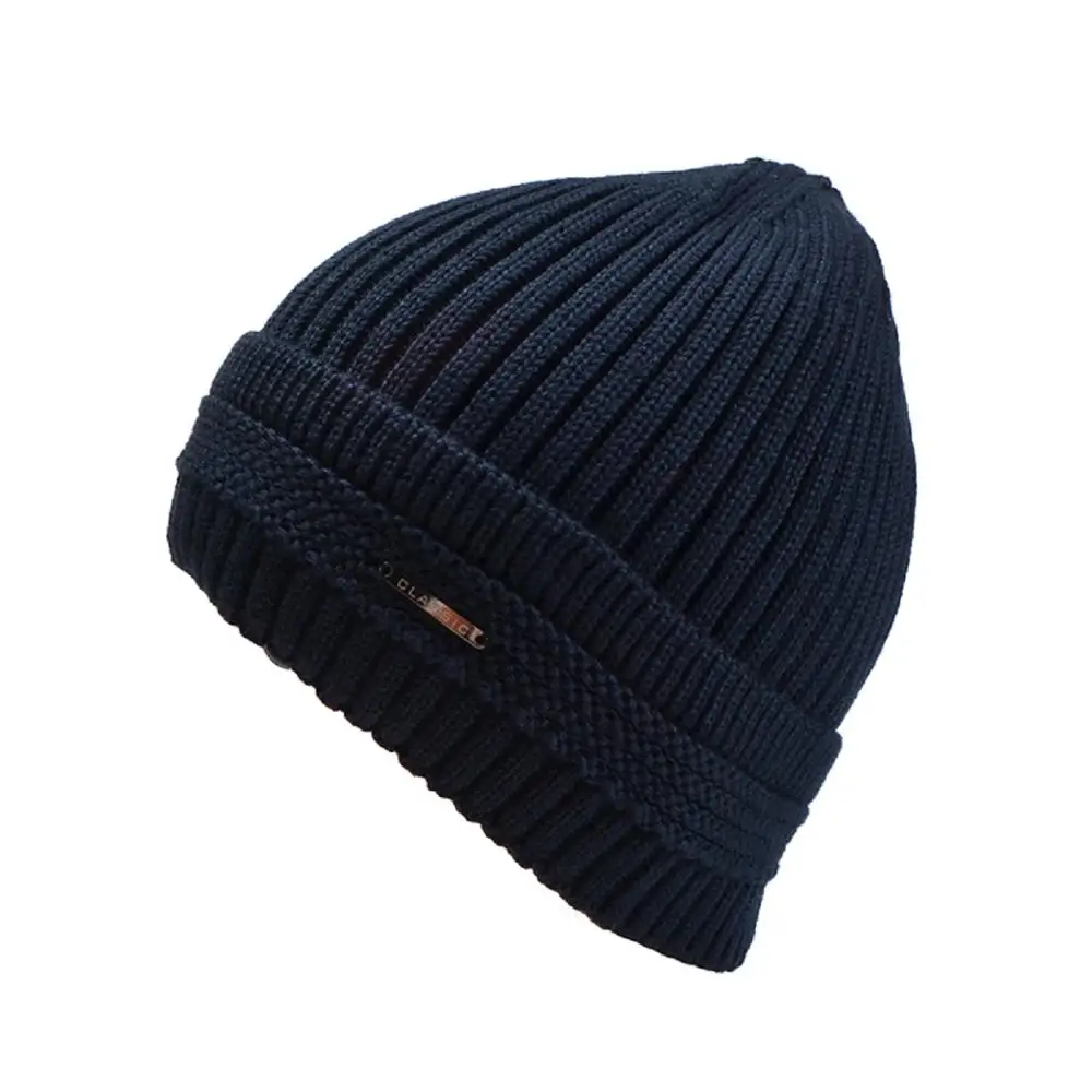Navy Blue Мужская и женская зимняя шапка, теплая вязаная шапка с манжетами, мягкая подкладка, толстая шапка с черепом - Цвет: Navy Blue