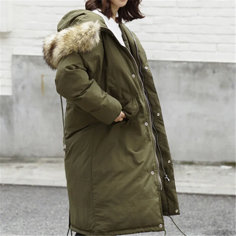 AILOOGE New Fashion Winter Jacket Women Parka Basic Faux Fur Hood Loose Oversize Army Green White Long Coat High Quality | Мужская