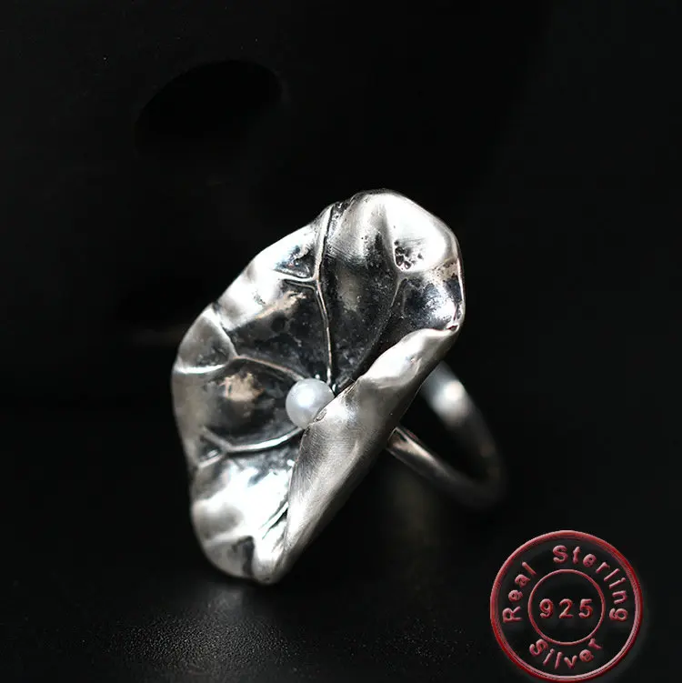 

Amxiu Vintage Antique Silver Ring Big Lotus Open Ring S925 Silver Jewelry Freshwater Pearl Rings For Women's Gift Accessories