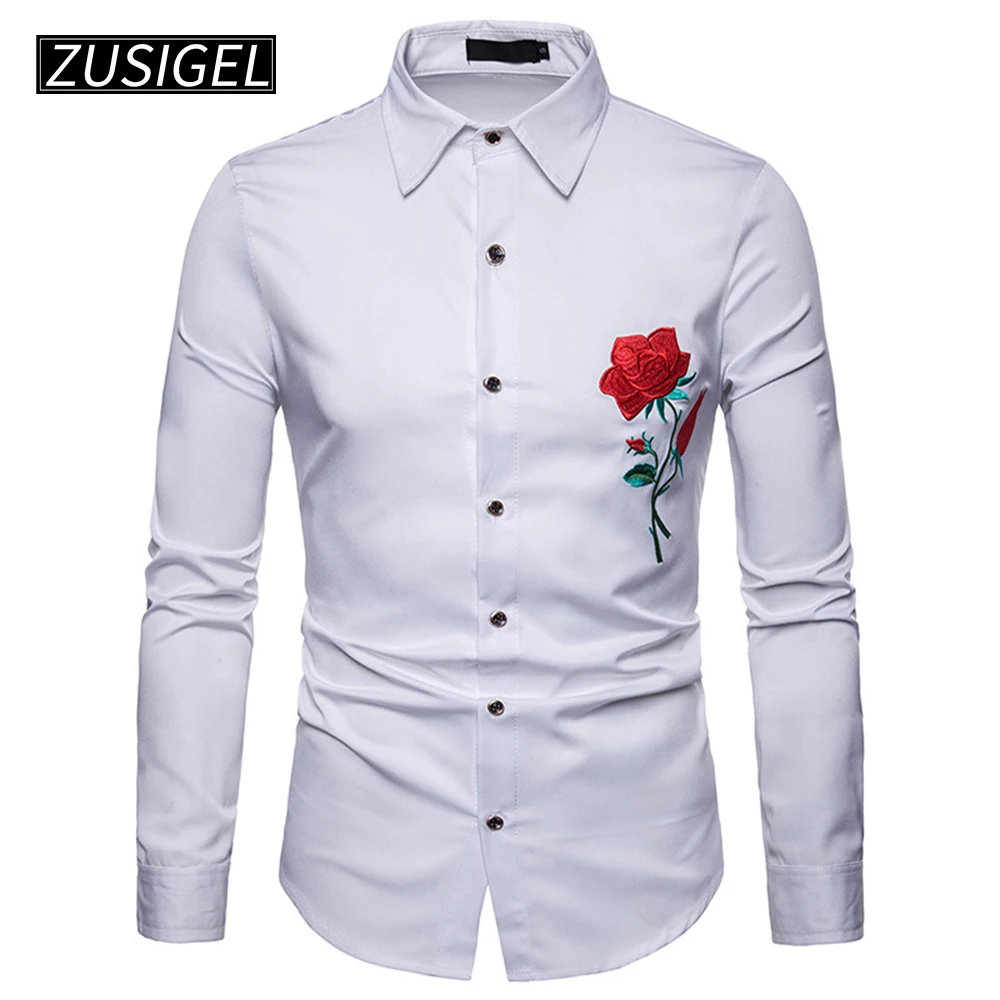 ZUSIGEL мужские рубашки Slim fit корт стиль Роза вышивка сплошной длинный рукав кнопка