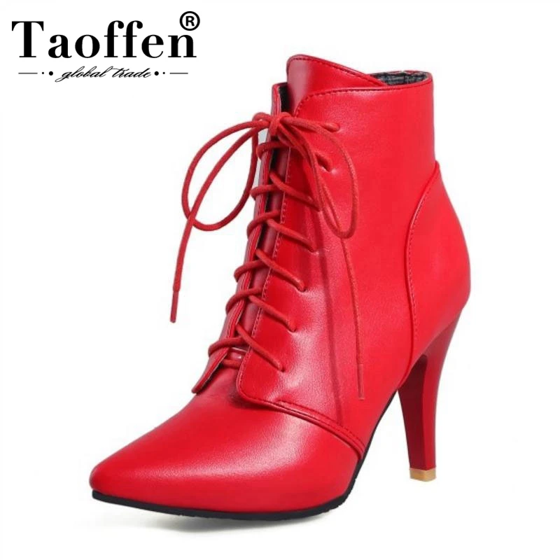 Женские ботинки на высоком каблуке Taoffen теплые короткие меху с перекрестными