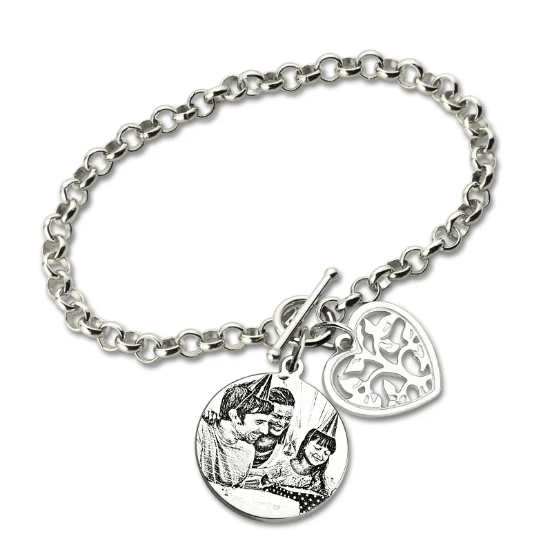 

Wholesale Custom Photo Bracelet Family Tree Pendant Sterling Silver Photo Engraved Chain Bracelet Picture Gifts for Mother