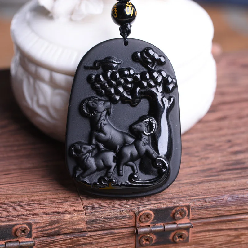 Натуральный черный обсидиан камень кулон три овечки козы ожерелье из бисера