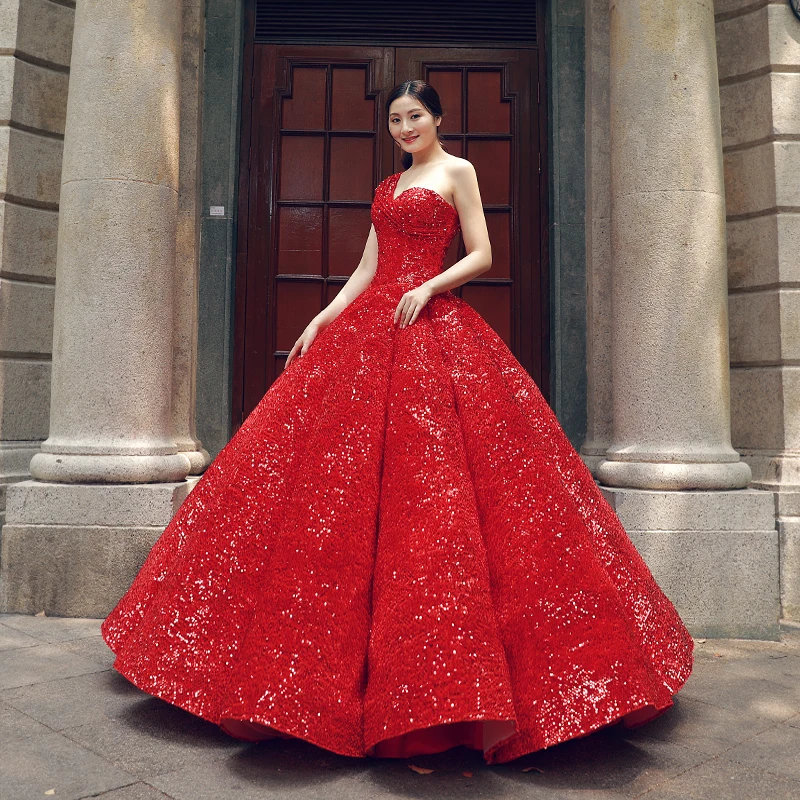 Женское вечернее платье RSM66567 блестящее пышное в пол с блестками на одно плечо |