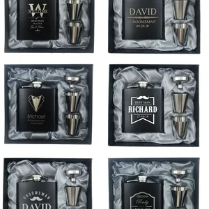 6 Set Personalized Engraved 6oz Black Stainless Steel Hip Flask With Box Wedding Favors Best Man gif in Pakistan