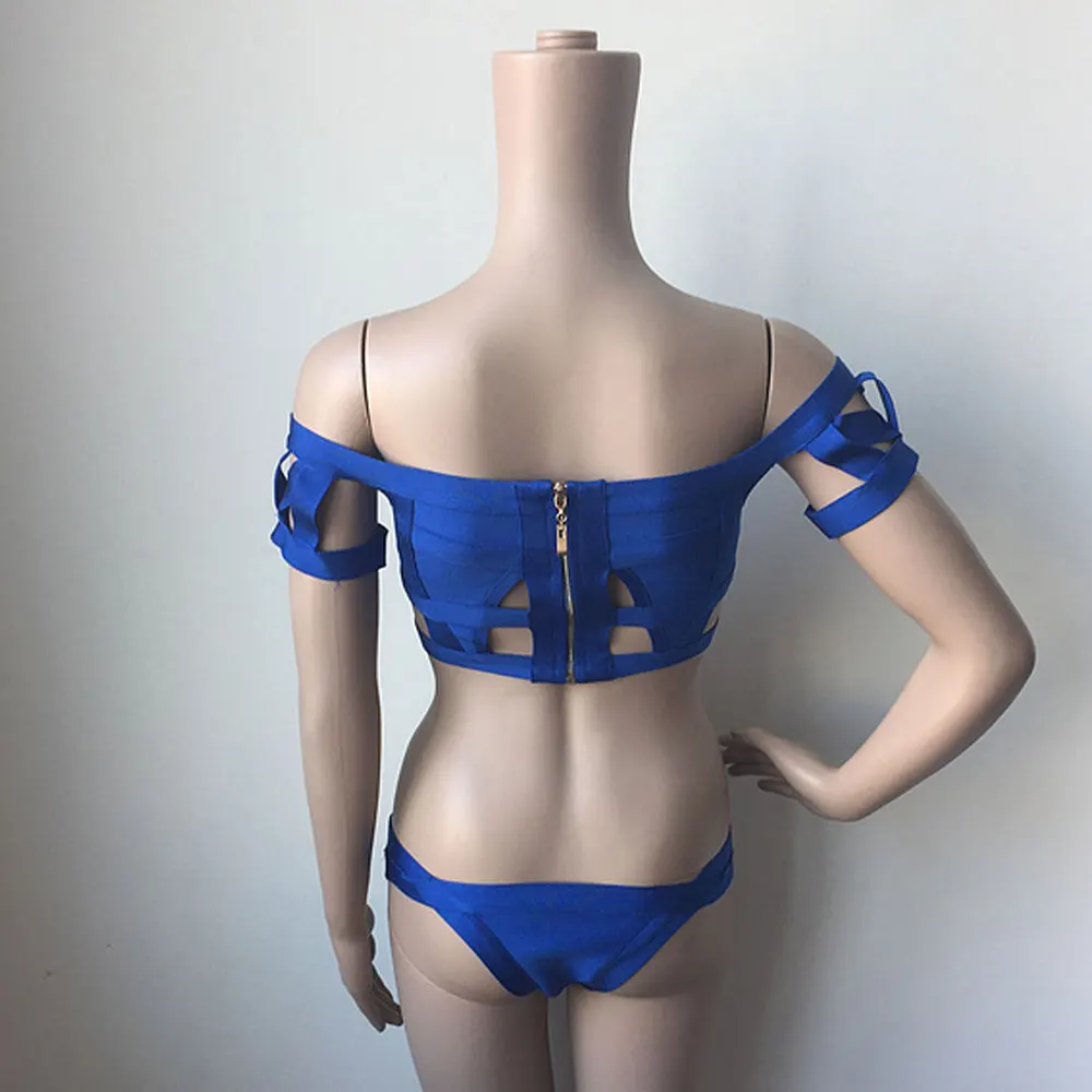 

Blue Hollow Out 2 Piece Off The Shoulder High Waist Bikini Sexy Women 2016 Newest Rayon Bandage Beachwear
