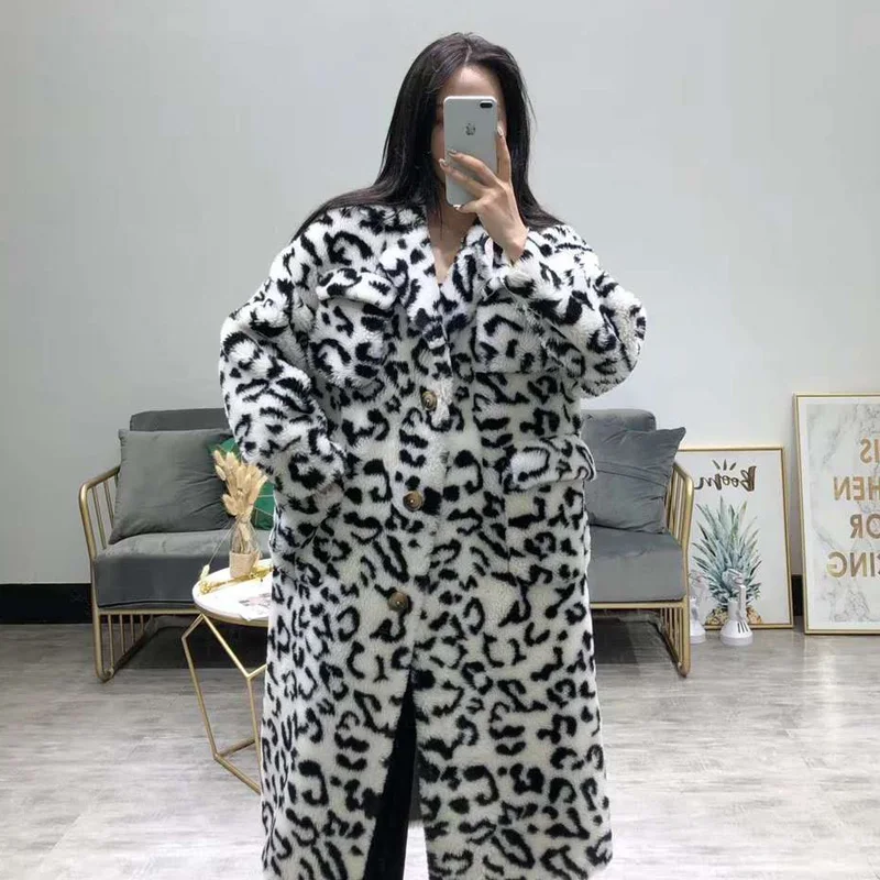 X-long куртка женская зимняя овечья меховая пальто одежда с леопардовым рисунком harajuku кожаная куртка размера плюс одежда с отложным воротником