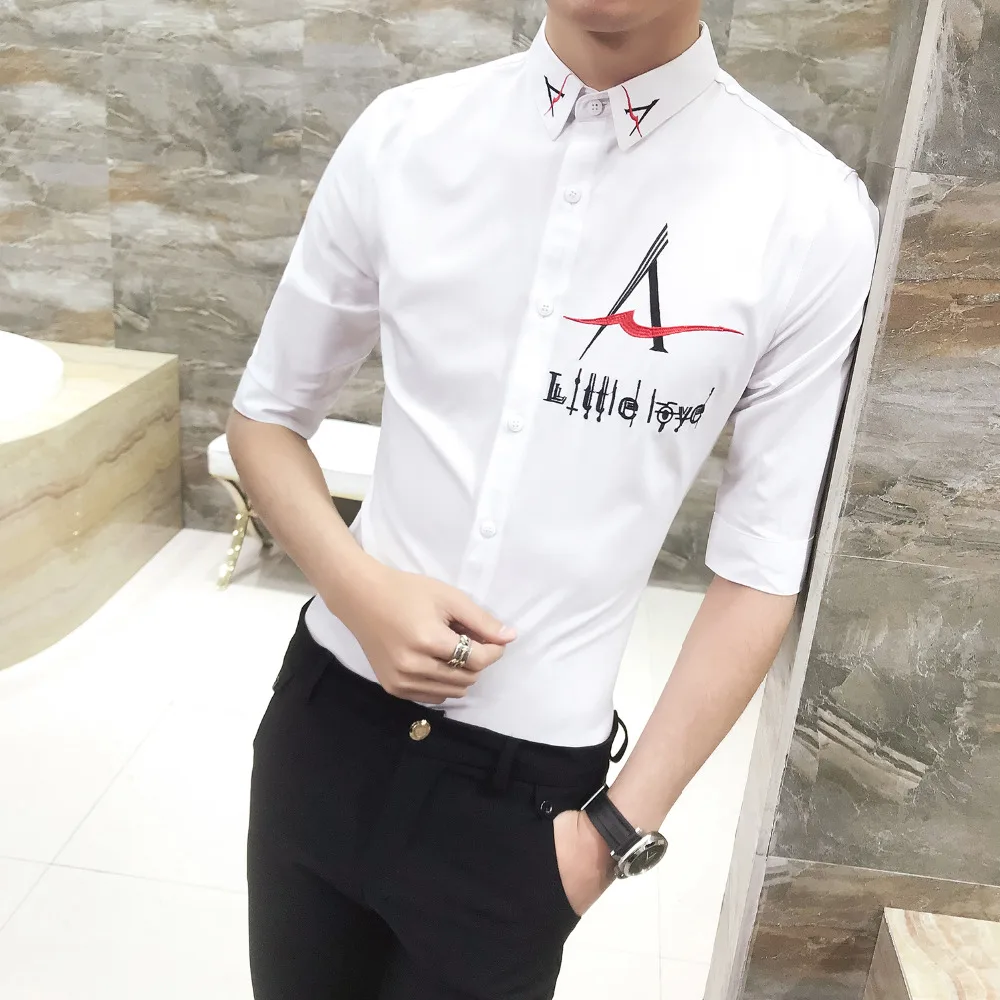 Летняя мужская рубашка смокинг 2019 с вышивкой коротким рукавом мужские рубашки