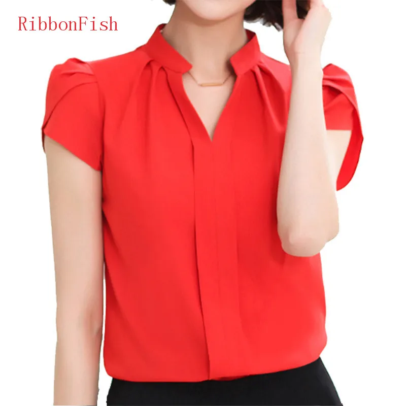 

RibbonFish Simple Style Women Summer Chiffon Blouses Shirts Lady Girls Casual V-Neck Short Sleeve Tops Shirts Blusas DD1177