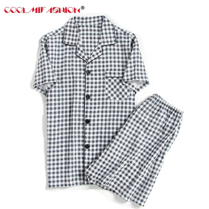 Мужская Хлопковая пижама с коротким рукавом летние шорты в клетку двойным - Фото №1