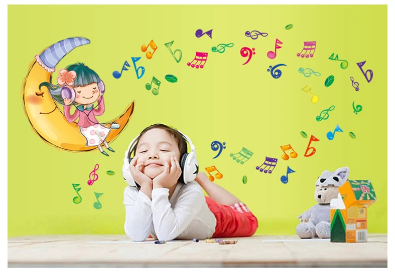 Moon Music Notes Girl School DIY виниловые наклейки на стену для домашнего декора украшения