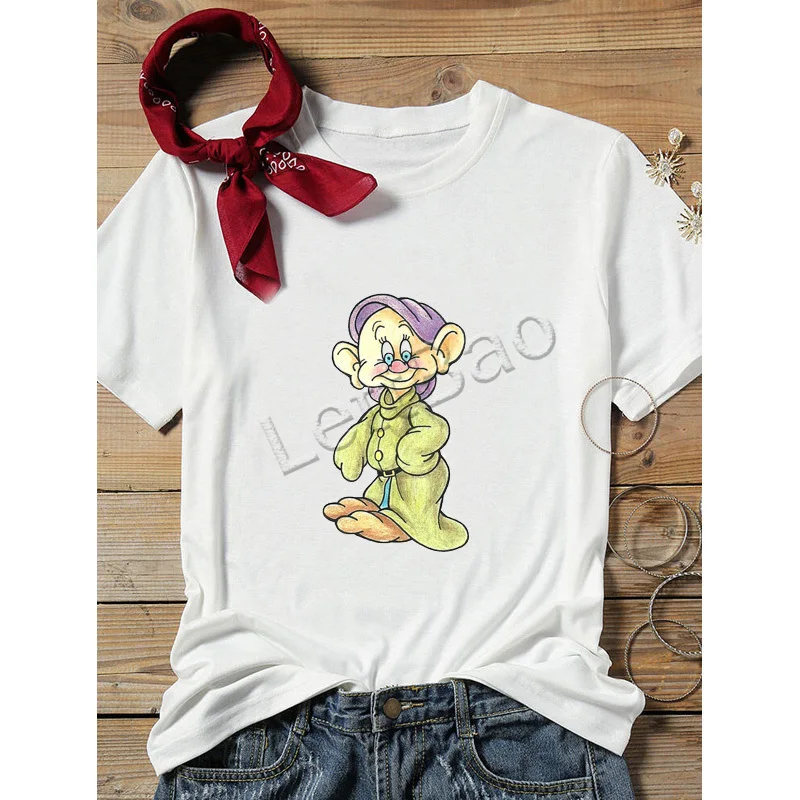 Топы Dopey Dwarf Lady Seven Dwarfs Illustration Kawaii мягкие футболки с круглым вырезом Женская белая