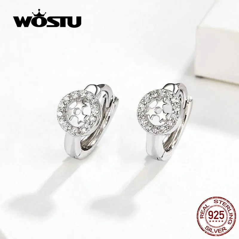 WOSTU, блестящие серьги-кольца со звездами, 925 пробы, серебряные маленькие серьги для женщин, свадебные модные серебряные 925 ювелирные изделия CQE665