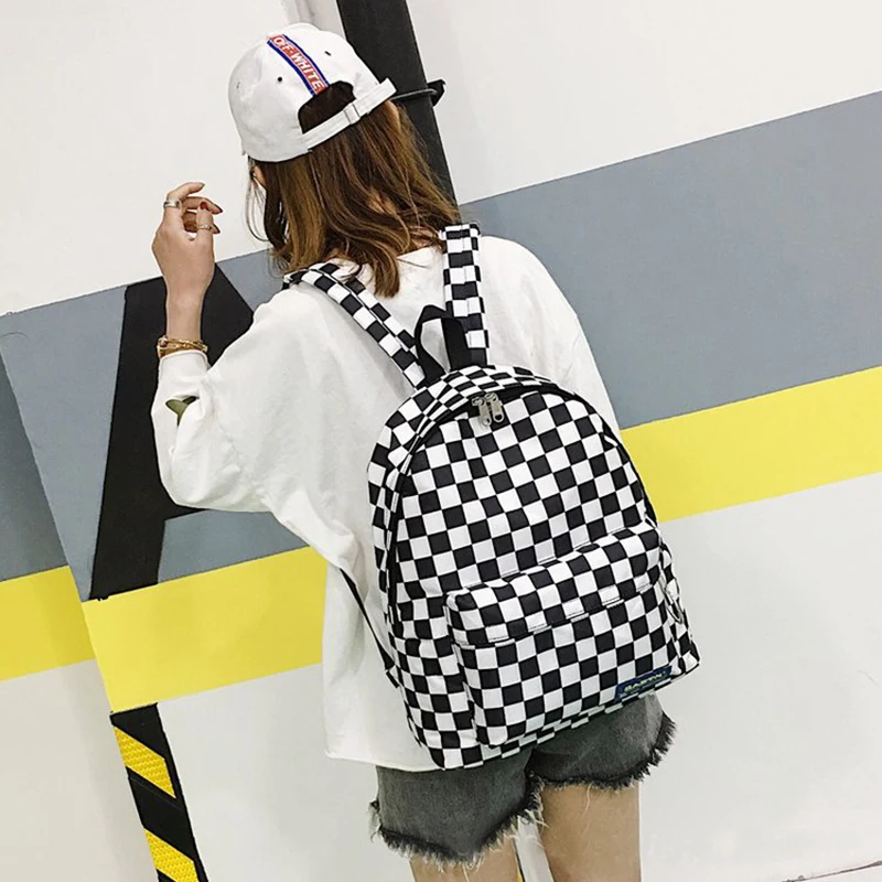 Backpack Black And White Plaid Printed Retro Bag Nylon Men Women Couple Student Campus Wind | Багаж и сумки