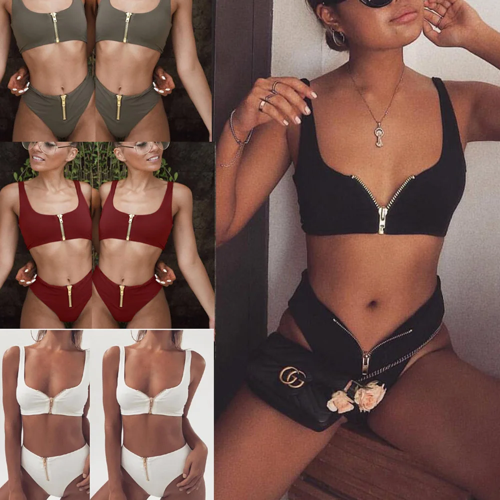 Women's High Cut Leg Zipper Bikini Set Sexy Brazilian Thong Swimwear Summer Beach Shaping Straps Swimsuit Female Bathing Suit |