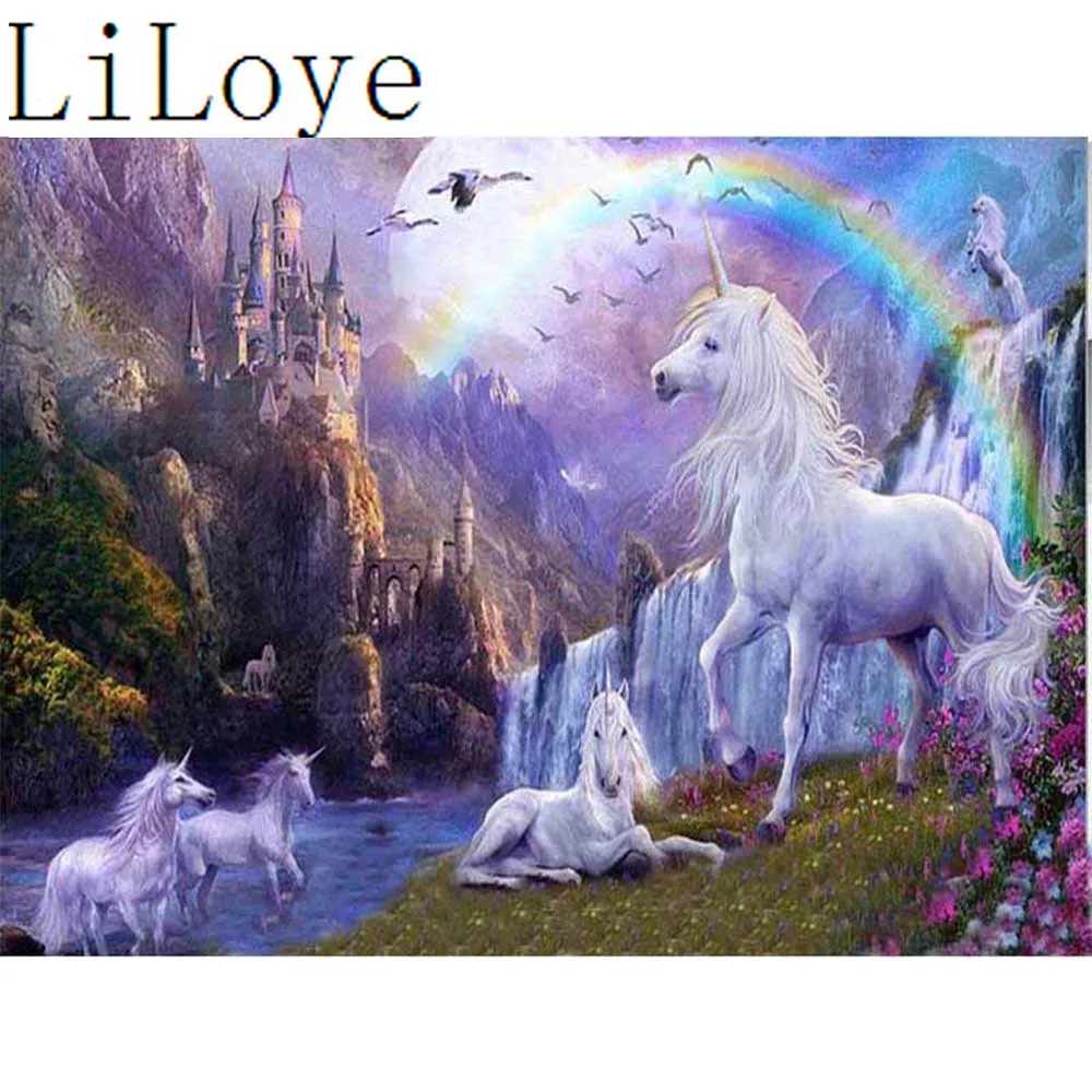 

LI Лойе DIY Алмазная вышивка Единорог замок Стразы мозаика, алмазная вышивка крестиком на рисунке, с украшением в виде кристаллов домашний дек...
