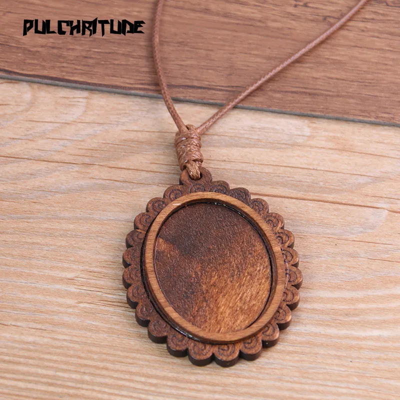  2pcs 30*40mm Inner Size Wood Cabochon Settings Blank Cameo Pendant Base Trays With Leather Cord For Jewelry Making | Украшения и