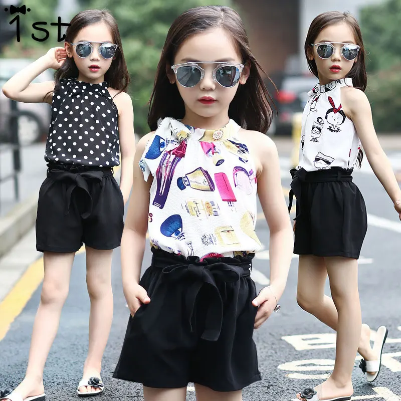 1st Girls Clothing Set Chiffon Dot Vest and Shorts Summer Cartoon T-shirt Children's 4 5 6 8 9 11Years | Детская одежда и