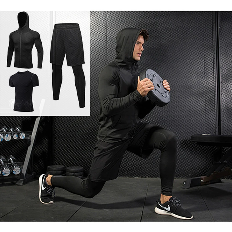2021 new solid color men's sports fitness suit running clothes training gym clothing Three-piece |
