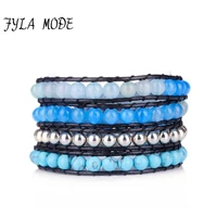 high quality new blue natural stone beaded bracelet with crystal leather wrap bracelet blue howlite stone stone bead
