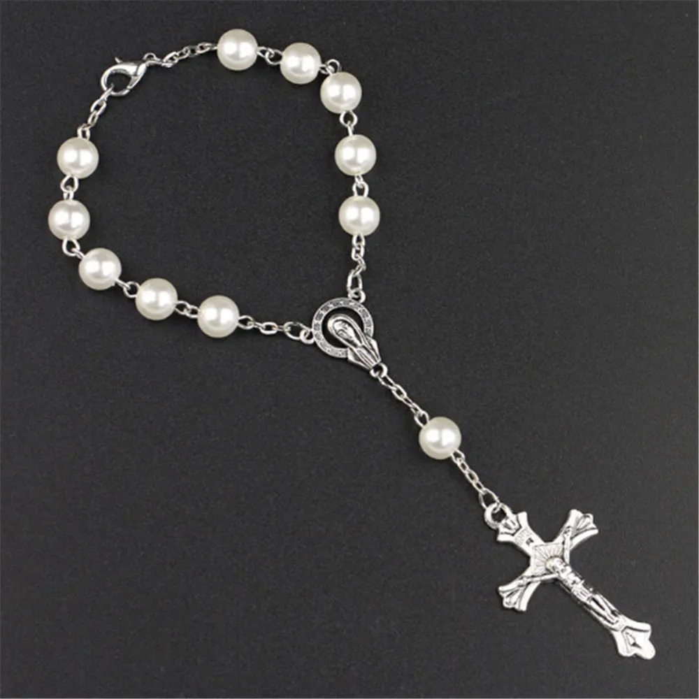

8MM White Pearl Beads Religious Catholic Rosary Bracelets for Women Virgin Mary Jesus Cross Pendant Bracelet Wholesale Jewelry