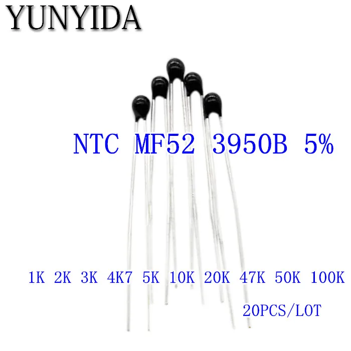 

20pcs NTC MF52 NTC-MF52AT 1K 2K 3K 4.7K 5K 10K 20K 47K 50K 100K +-5% 3950B NTC Thermistor Resistor