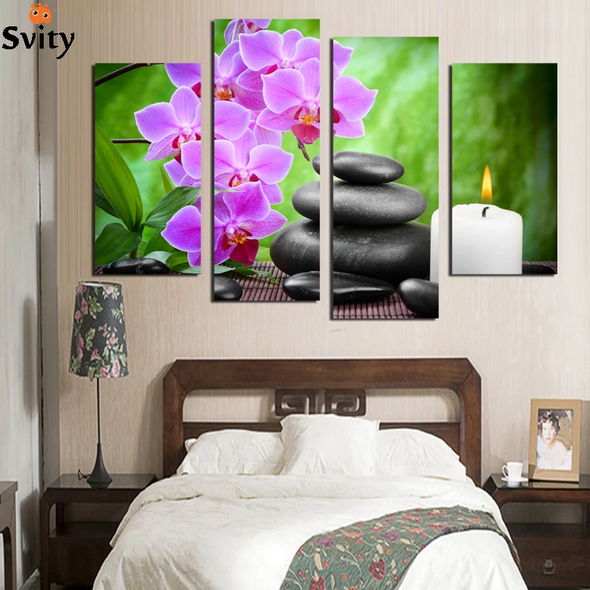 

Fashion 4 Panel Moderm Home Decoration Combinative Canvas Painting Pink Orchid Stone For Beauty Life Free Shipping F1781