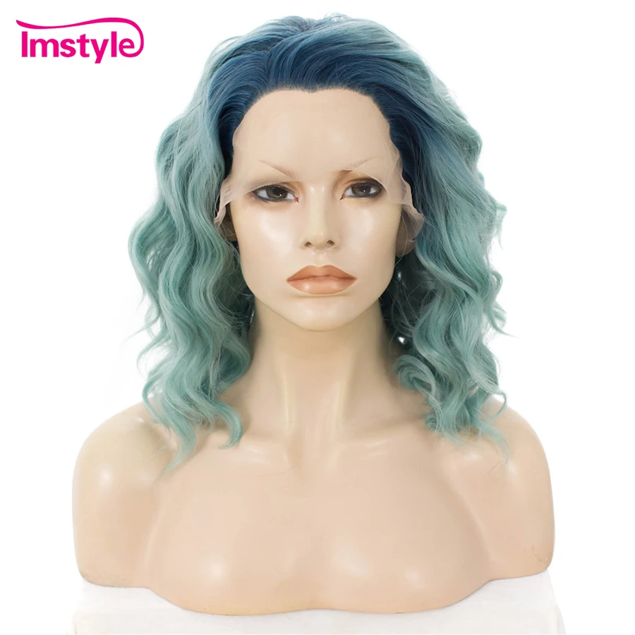 Imstyle, короткий волнистый Боб, бирюзовый, зеленый, Омбре, парик на кружеве, парики для женщин, синтетический парик, Термостойкое волокно, косплей, парик Снежной Королевы