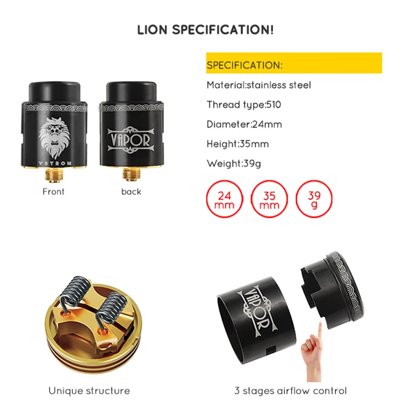 Испаритель Vapor Storm Lion RDA 24 мм ХЛОПОК 510 нить двухъядерная катушка вейп уникальная