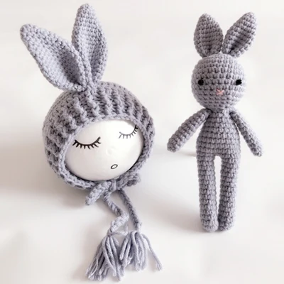 Grey Rabbit Set Вязаный крючком костюм для новорожденных девочек и мальчиков; шапка+ игрушка; аксессуары для фотосессии; шапки для новорожденных - Цвет: Grey Rabbit Set