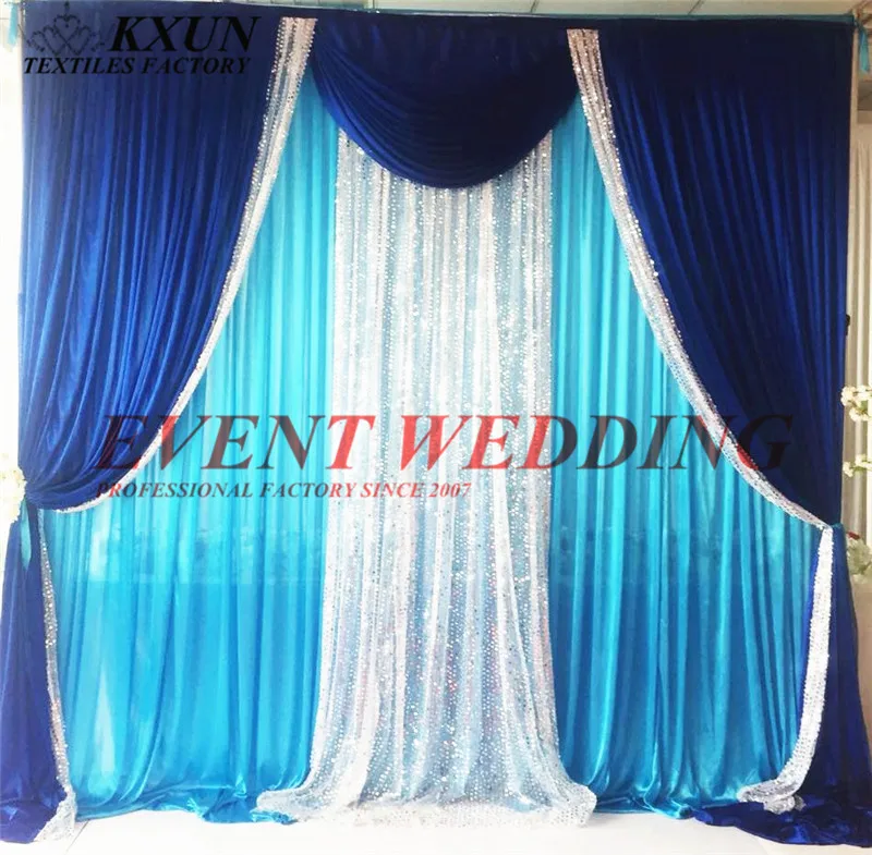 

Turquoise Color Ice Silk Wedding Backdrop Curtain With Royal Blue And Silver Sequin Swag Drape Event Decoration