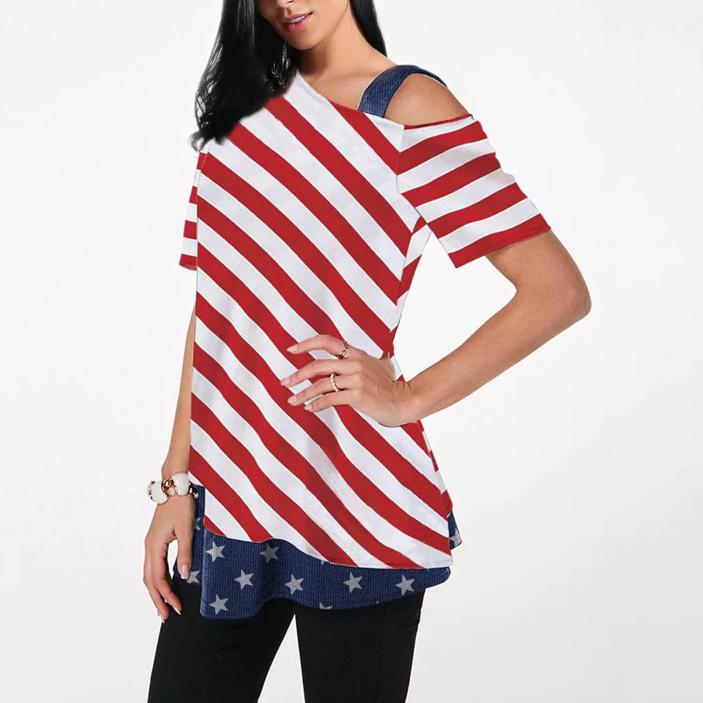 Женские топы в полоску с принтом флага и открытыми плечами Лоскутные Топы