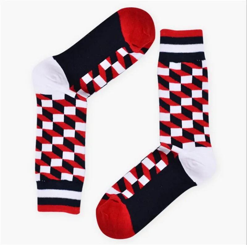 Сумасшедшие FLY Для Мужчин's Happy Socks Полосатый плед алмаз Геометрия Burger французский унисекс хлопок Calcetines Largos Hombre влюбленных подарок