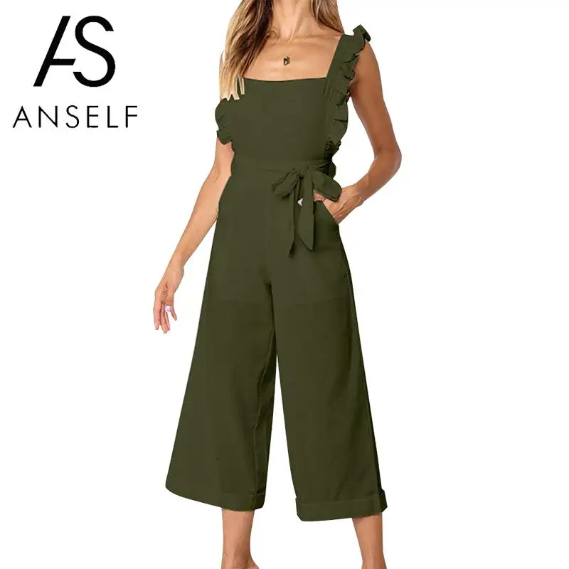 

2020 Summer Overalls for Women Sexy Backless Dungarees female Jumpsuit Sleeveless Ruffles Bowknot Wide Leg Tracksuit Rompers