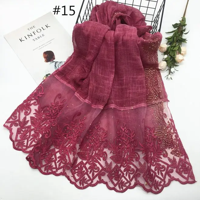 

Lace embroidery flower Scarf Hijab Gold rhinestone edges Shawl Fashion women Scarves Shawls brand wrap soft muffler 16 colors