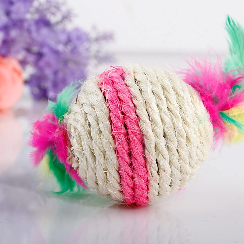 Two Feathered Natural Sisal Candy Pet Cat Toy Multicolor Catch Ball | Дом и сад