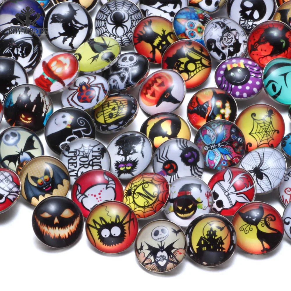 

RoyalBeier 50pcs/lot Halloween Theme Glass Charms 18mm Snap Button For 20mm Snaps Bracelet Snap Jewelry KZHM092