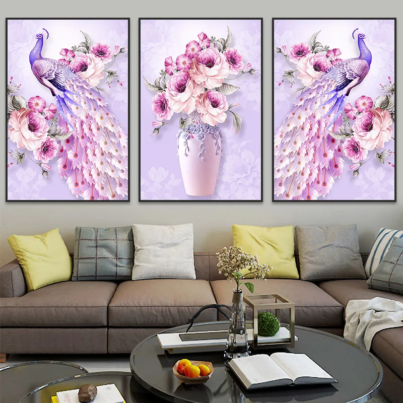 Still life diamond painting full square round drill"Peacock and floral"3pcs/set diamond embroidery Handmade mosaic picture icons
