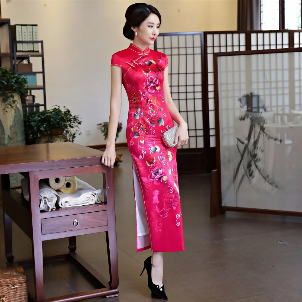 Шанхай история искусственного шелка Qipao Платье длинное Cheongsam национальный тренд платья короткий рукав тонкий Традиционный китайский платье для женщин
