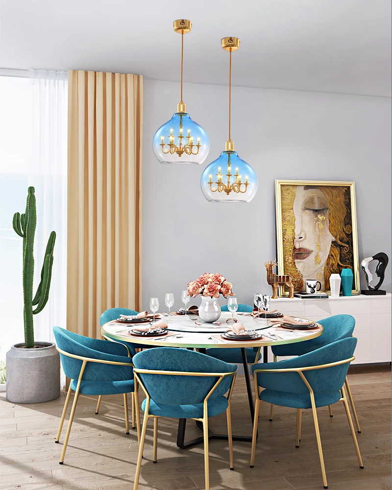 Post Modern Glass Sphere Chandelier Stained Ceiling Hanging Lamp Blue Lighting for Dining Room Cafe Store | Лампы и освещение