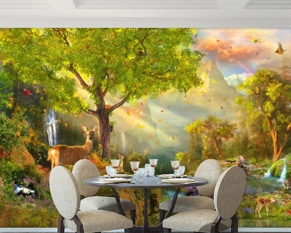 

Beibehang wallpaper for walls 3 d Sunshine green forest forest deer river water landscape wallpaper 3D living room 3d wallpaper