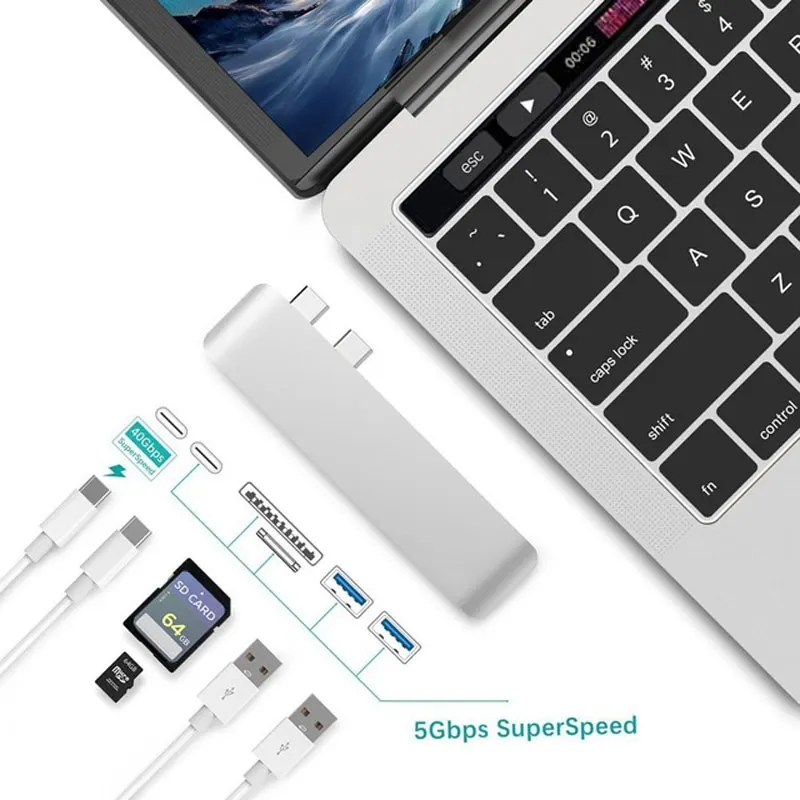 Uosible концентратор USB type C Thunderbolt 3 адаптер USB-C ключ с PD TF/SD кард-ридер слот USB 3,0 для MacBook Pro/Air type-C