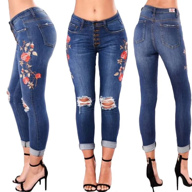 

Женские джинсы 2017, модные новые стильные джинсы с дырками, прямые вышитые с дырками, Стрейчевые джинсы стандартной длины