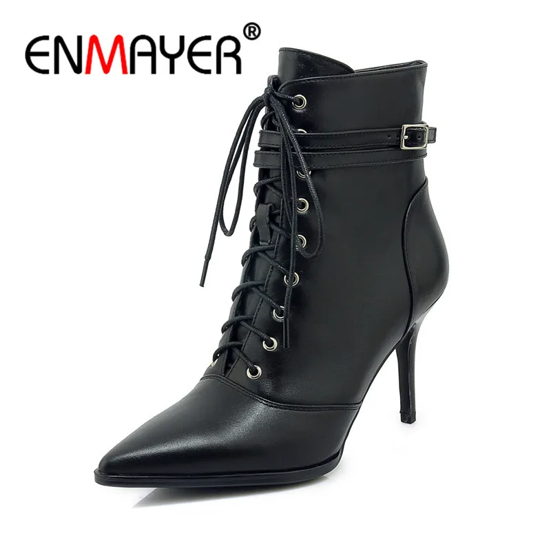 

ENMAYER Woman Ankle Boots Autumn Winter Fashion Shoes Size 34-39 Boots Pointed Toe Thin High Heels Lace Up Buckle CR974