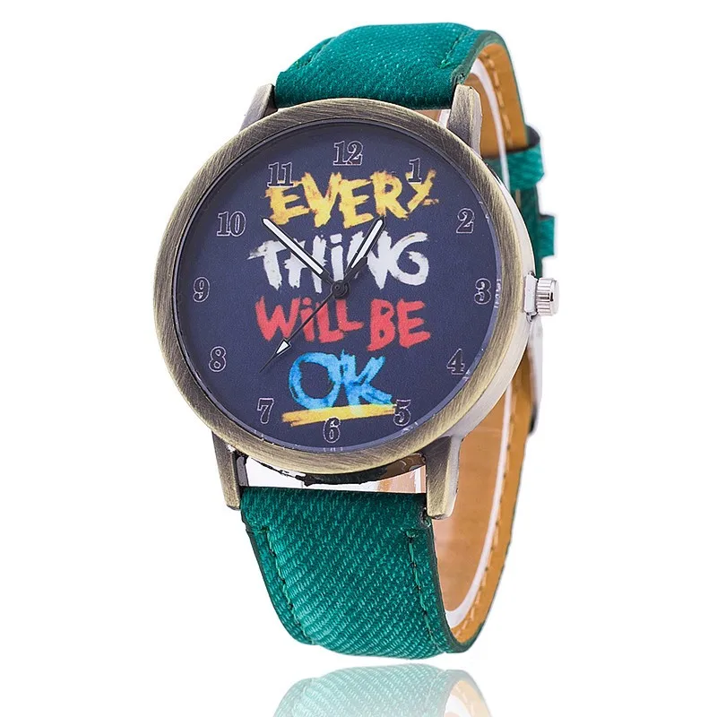 Винтажные джинсы часы для женщин кожа Everything Will Be OK модные повседневные наручные