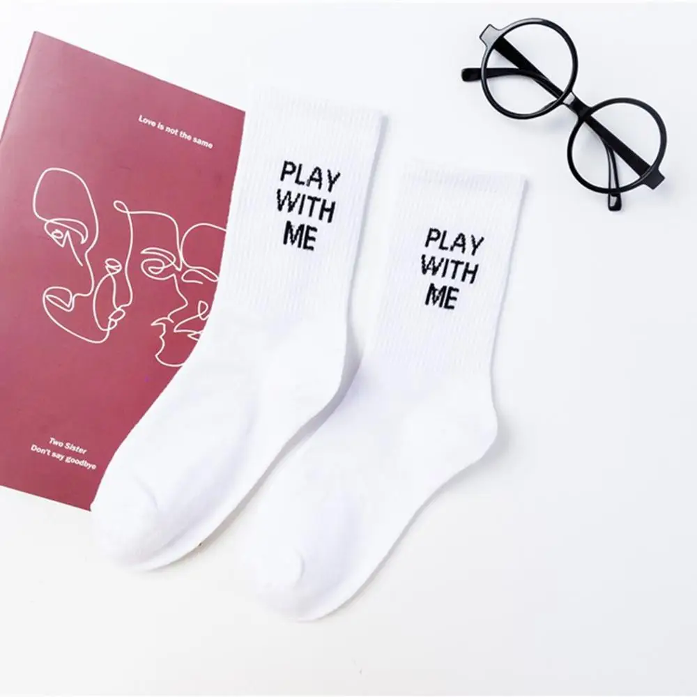 Белый Корейские забавные Женские носочки с принтом «PLAY WITH ME», дышащие мужские носки, хлопковые мягкие теплые короткие носки, Meias Chaussettes Femmes - Цвет: Белый