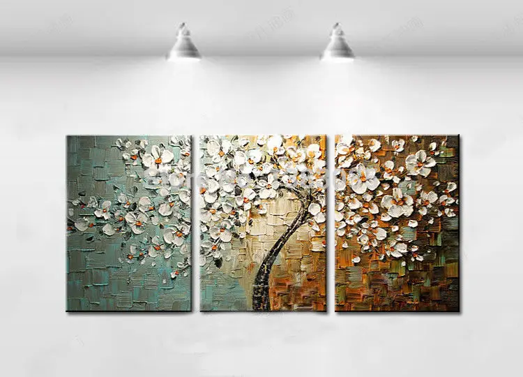 

Hand Painted Abstract White Tree Flower Textured Knife Painting On Canvas Modern Oil Picture 3 Piece Wall Art Home Decor Set