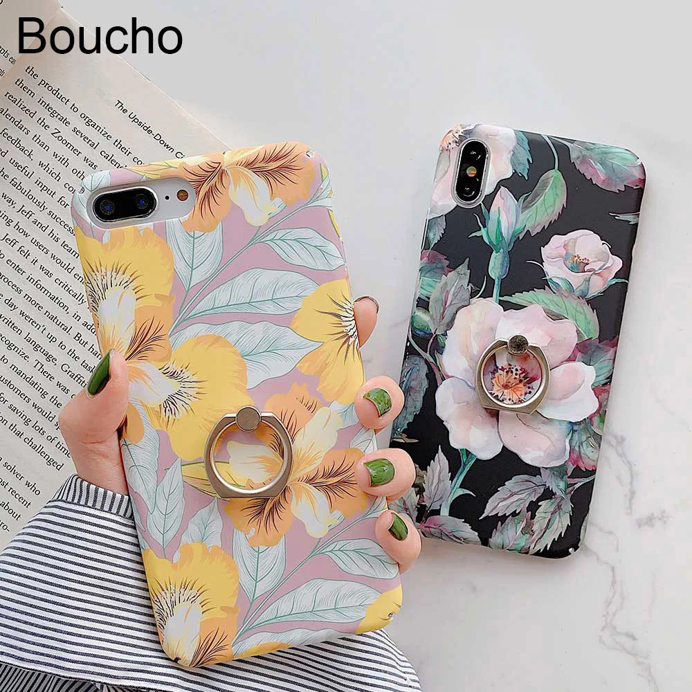 Boucho Matte Ring Grip Case For iphone XS MAX XR X Luxury Vintage flowers Floral Phone Cover iPhone 6 6s 7 8 Plus Cases |