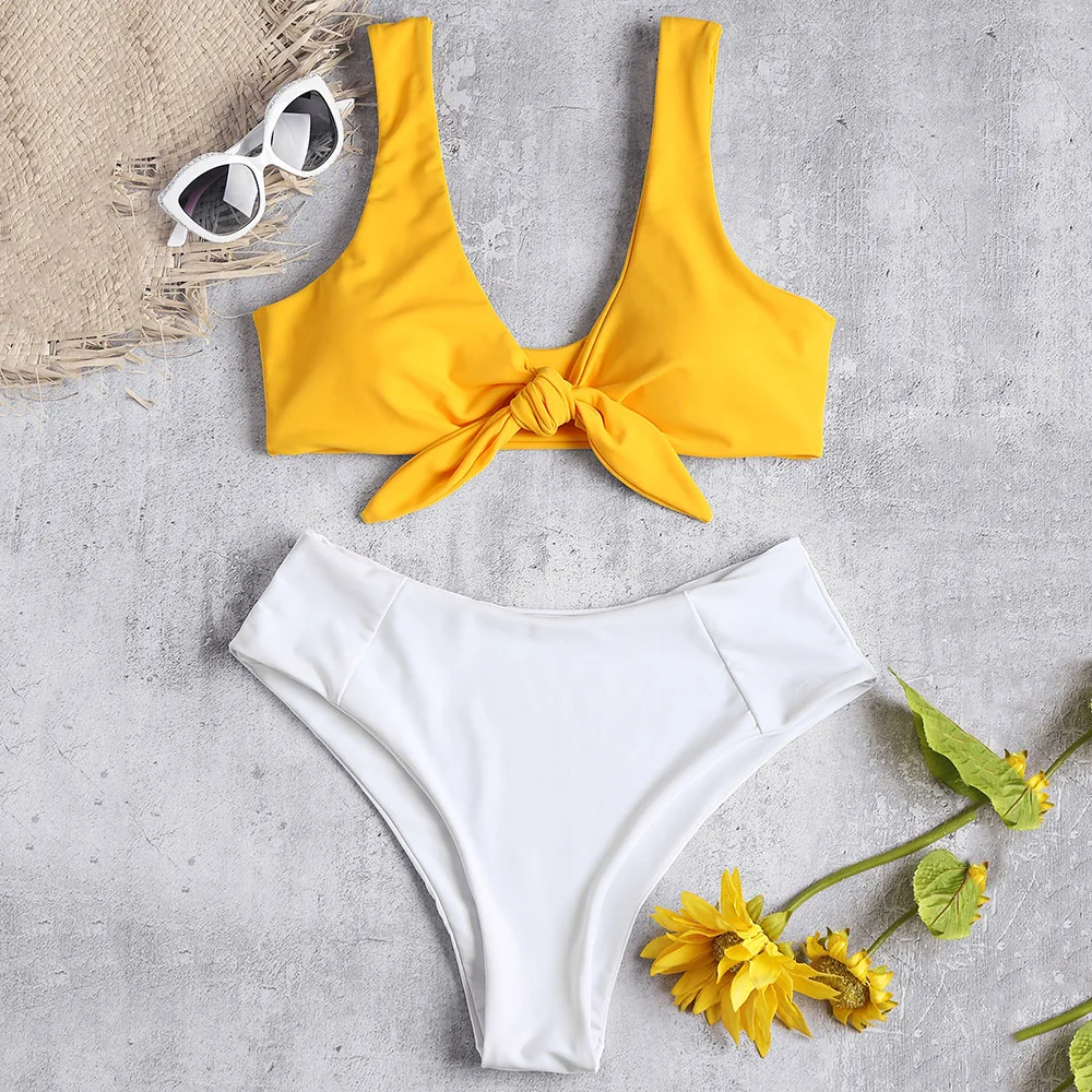 ZAFUL бикини с завязками спереди цветной блок высокой посадкой купальник талией