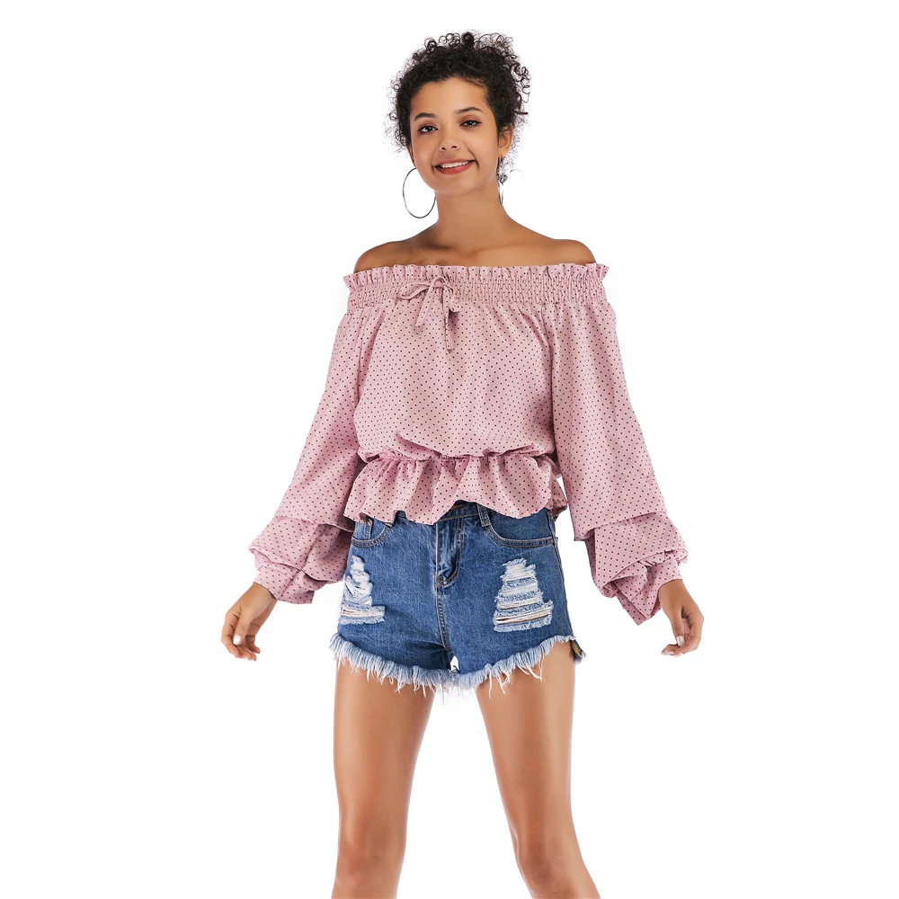 Wiron модные женские блузки сексуальные с открытыми плечами в горошек бант